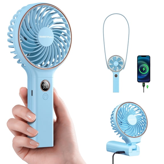 SWEETFULL Handheld Portable Fan, 5000mAh Rechargeable Battery, 6 Speed Wind, LED Digital Display, Foldable Electric Personal Mini Travel Fan with Backup Power, Summer Essentials Gifts for Women Girl