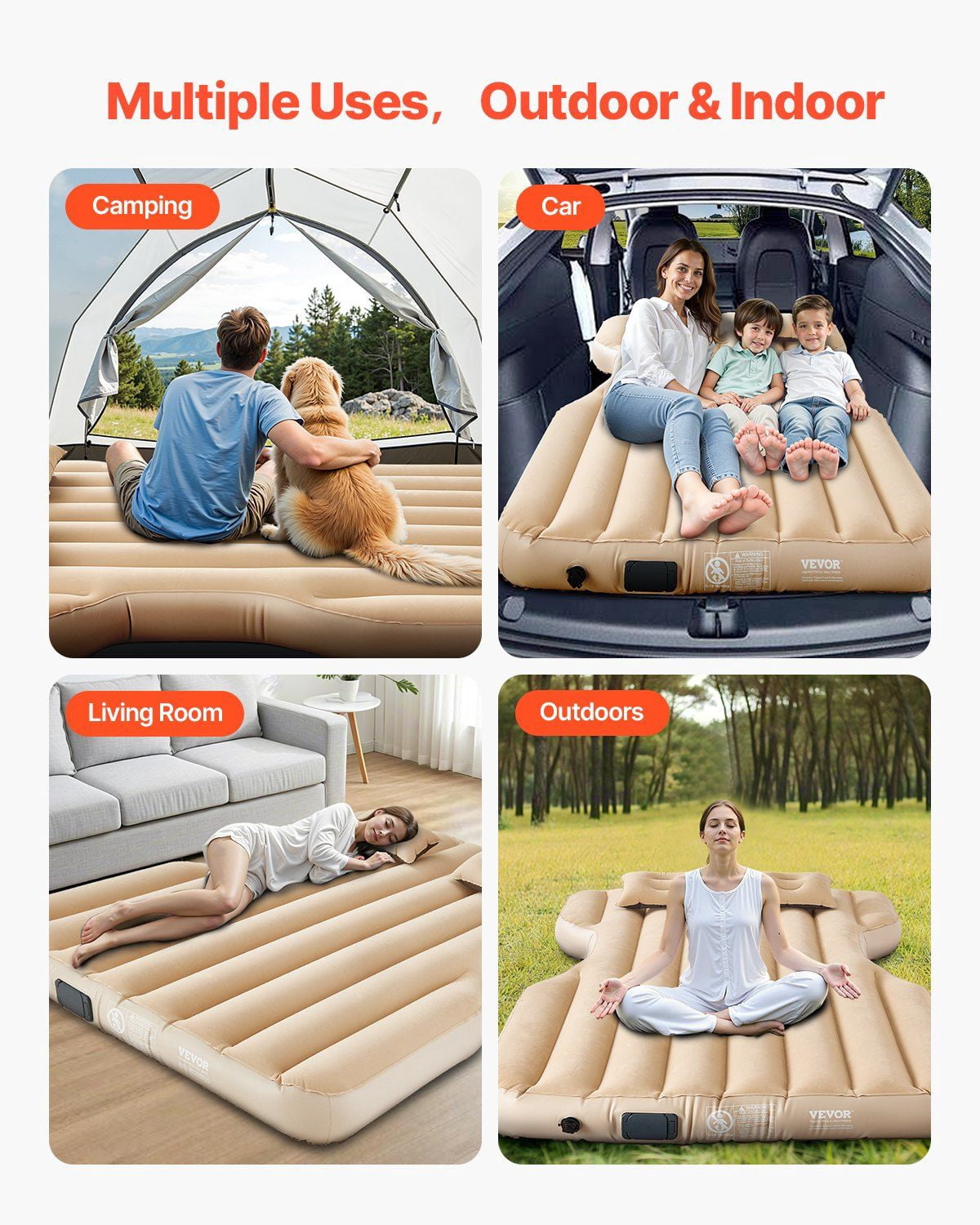 Tesla Model Y 2020 2024 Car Air Mattress Inflatable Camping Mattress Flocking Thickened Portable Sleeping Pad with Built in Pump and 2 Beige Pillows