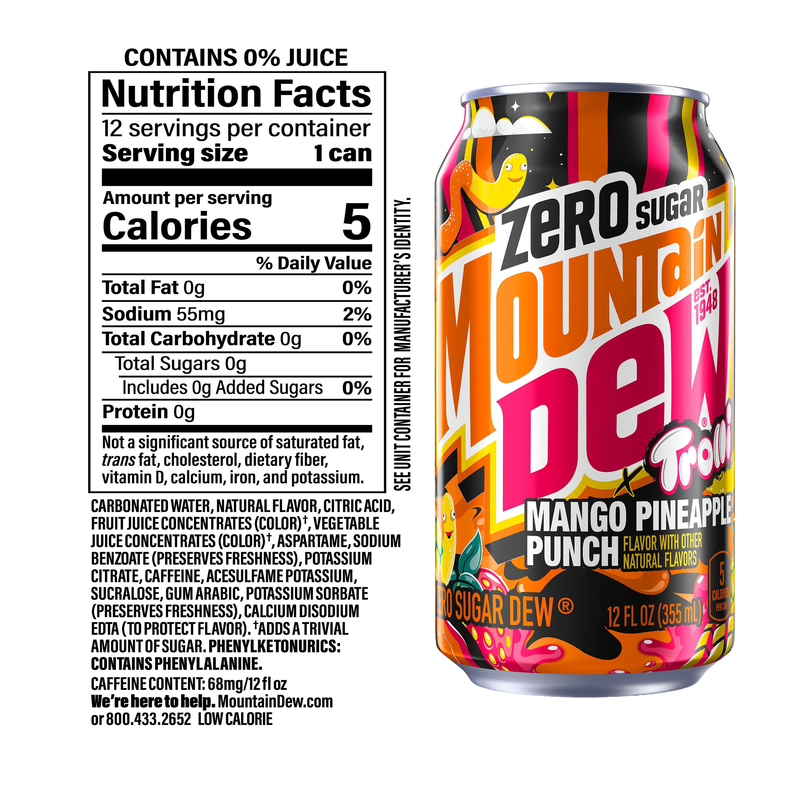 Mountain Dew x Trolli Mango Pineapple Punch Zero Sugar 12 fl oz, 12ct Can