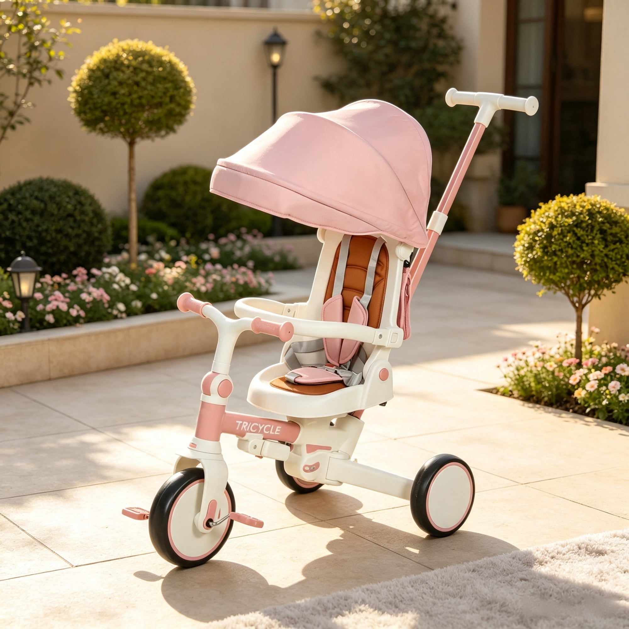 7 in 1 Toddler Tricycle Stroller, for 1-5 Years Old, Adjustable Push Handle, Rotatable Seat, Detachable Canopy, Pink