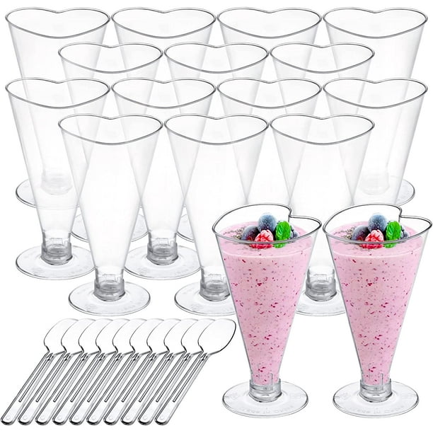 100 Pack 5 oz Clear Dessert Cups with Spoons,Heart shaped Disposable