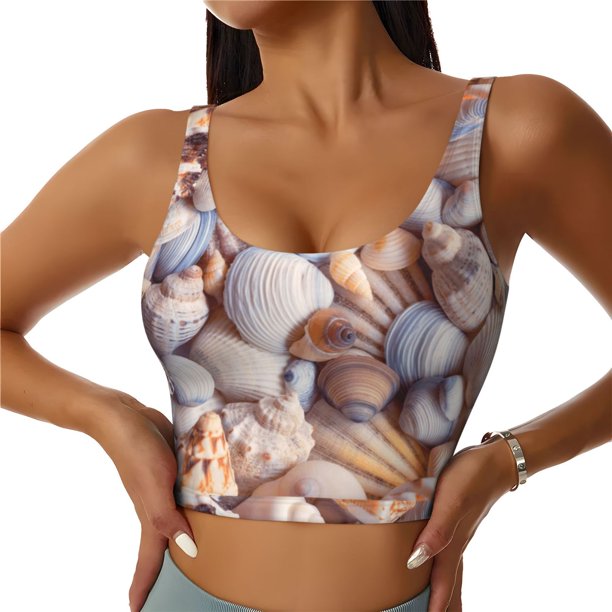 Fotbe Sea Shells Sujetador Deportivo Largo sin Aros para Mujer con Almohadillas y Soporte Medio, Transpirable y Absorbente, Camiseta Tipo Chaleco o Tank Top-Large