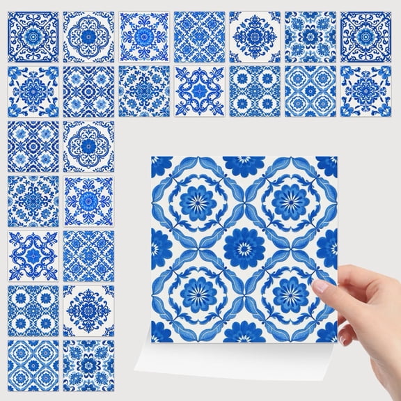 24Piece Self Adhesive Tiles Wall Decals Stickers 4 x 4in DIY Blue Flowers Decoration Kitchen Backsplash Waterproof Bathroom Tile