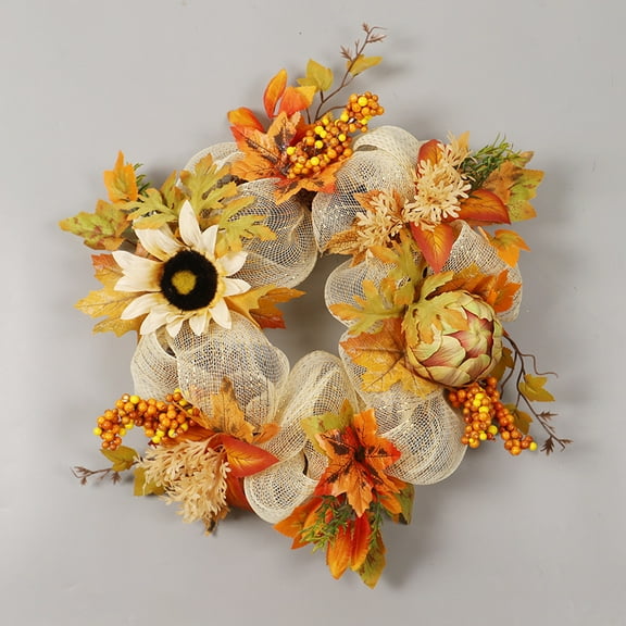 AUHomi Fall Wreaths for Front Door, 17.7 Inch Fall Wreath with Sunflowers Maple Leaves and Orange Red Berries, Autumn Wreath Suitable for Farmhouse Thanksgiving and Harvest Festivals Parties (1PC, A)