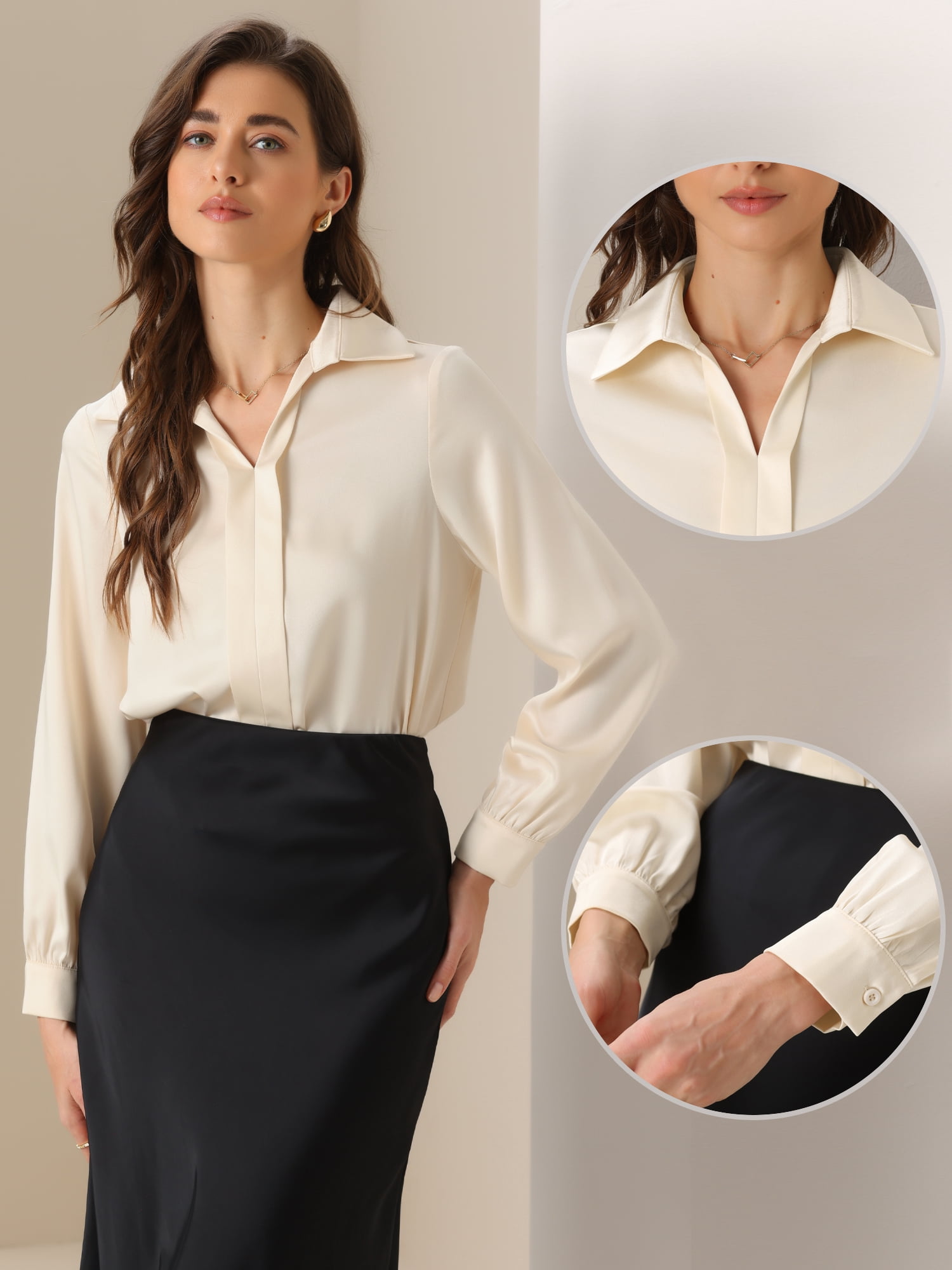 Bodysuit V Neck Long Sleeve Work Shirt L Champagne
