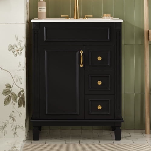 24" Elegant French Compact Freestanding Cabinet, Bathroom Storage Unit with Adjustable Shelf, Modern Small Bathroom Vanity with Ceramic Sink for Bathroom, Black