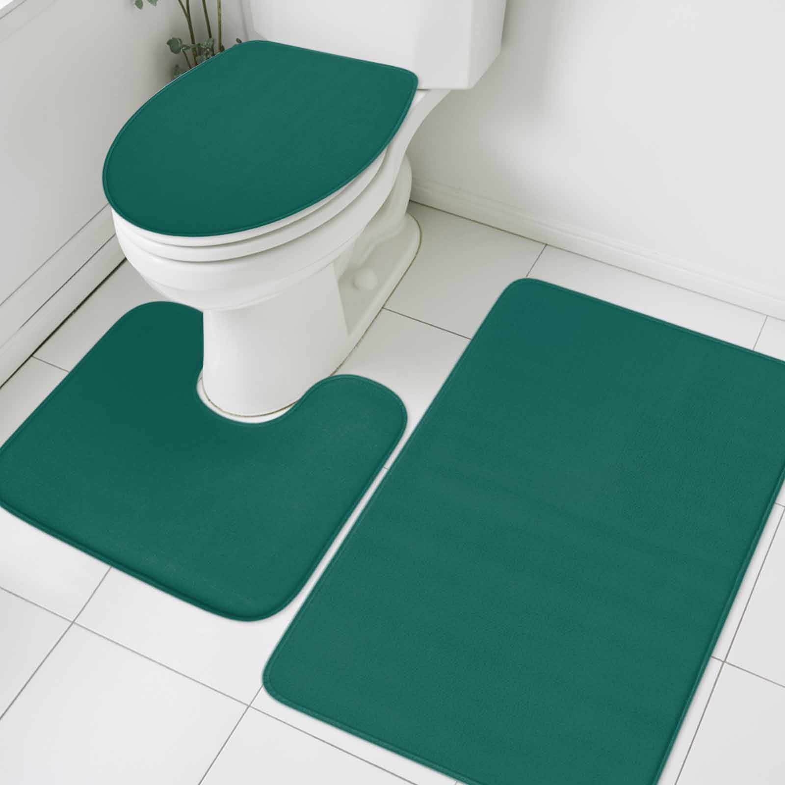 Dark Green Bath Mat 3 Piece Bathroom Rug Set, Modern Pure Dark Green Non Slip Bath Rug Contour Mat and Toilet Lid Cover, Absorbent Shower Mats Soft Bath Rugs and Mats Sets