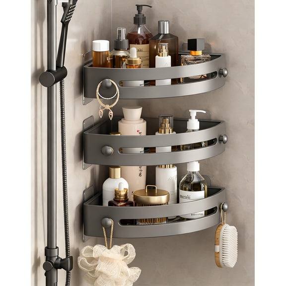 3-Tier Corner Shower Shelf No Drilling Adhesive Wall Mounted Bathroom Organizer, Self-Adhesive Drill-Free Space Saving Quick Dry PP Plastic Shower Caddy for Bathroom Storage - Gray