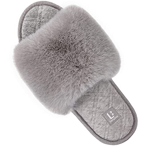 LongBay Women's Fuzzy Faux Fur Memroy Foam Cozy Flat Spa Slide Slippers Comfy Open Toe Slip On House Shoes Sandals 