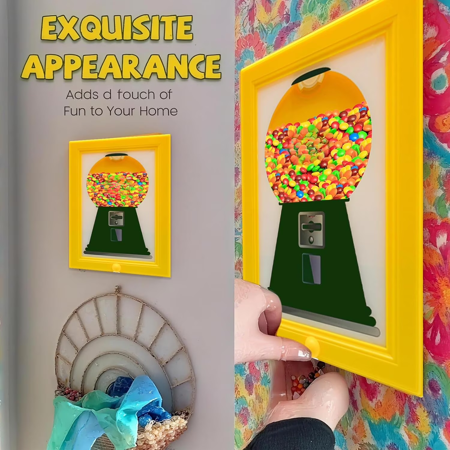 Candy Dispenser Picture Hanging Frame, Gumball Machine In A Frame, Fast Distribution Candies, Nuts, Dog & Cat Treats, Suitable For Birthday & Holiday Gifts (Yellow)