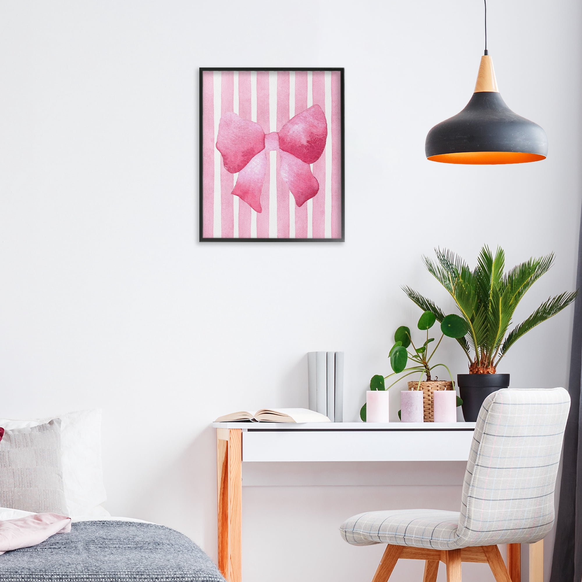 Stupell Industries Chic Bow on Pink Stripes Black Framed Giclee Art, design by Camila Juncos