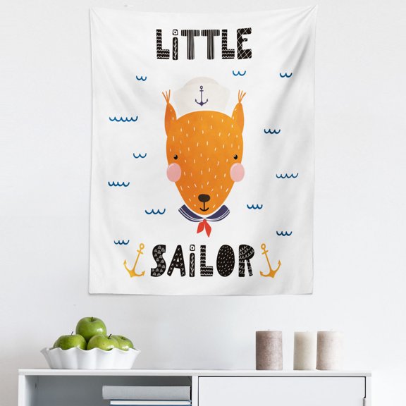 Saying Tapestry, Marine Themed Doodle with Fox and Little Sailor Typography and Anchors Waves, Fabric Wall Hanging Decor for Bedroom Living Room Dorm, 5 Sizes, Multicolor, by Ambesonne