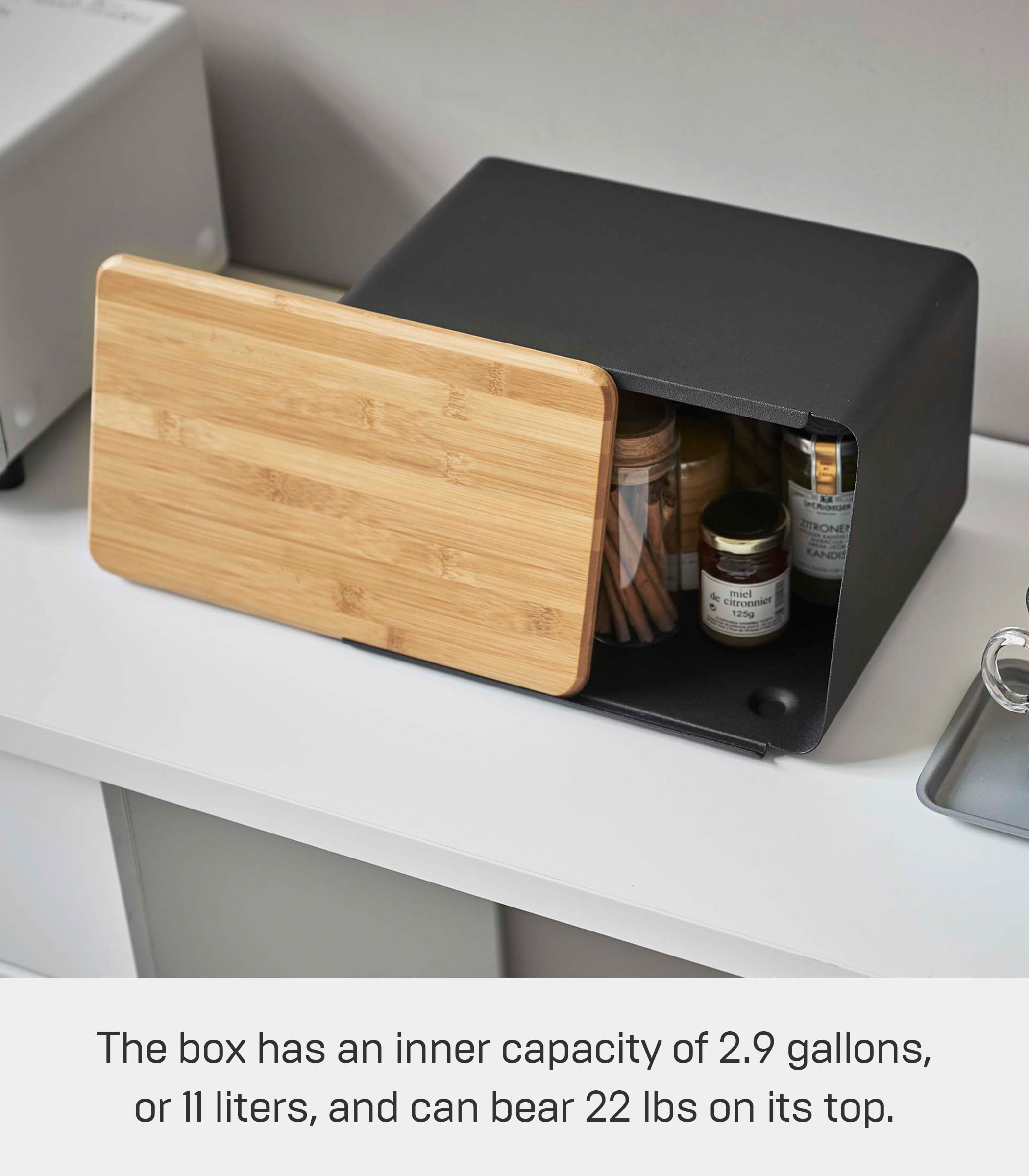 Yamazaki Home Bread Box with Cutting Board Lid, Black, Steel + Bamboo, Lid, No Assembly