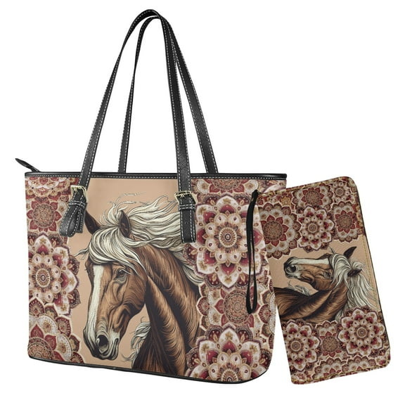 ZUXONGSY Boho Mandala Horse Print Wallet and Purse Set Top Handle Handbag with Wristlet Wallet Set Lightweight Leather Tote Bag Hobo Bag with Purse for Women