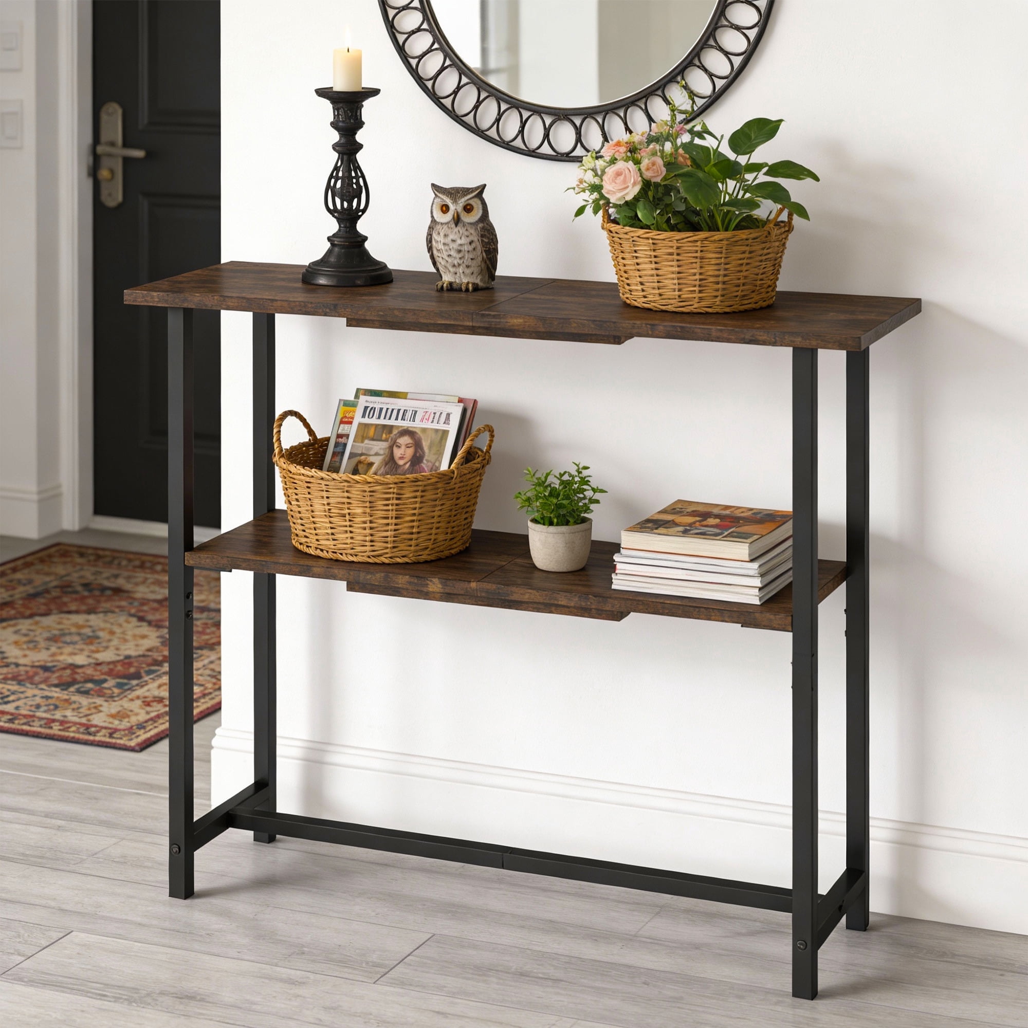 Manora Farmhouse Console Table, 2-Tier Console Table, Narrow Sofa Table with Adjustable Feet for Entryway, Living Room, Rustic Brown