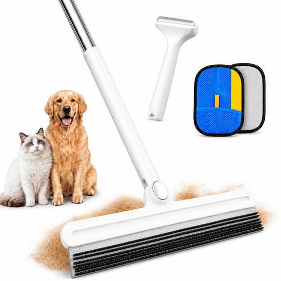 3-in-1 Pet Hair Removal Kit, Adjustable Rubber Carpet Rake with Glove & Brush for Dogs, Cats, Rugs & Furniture