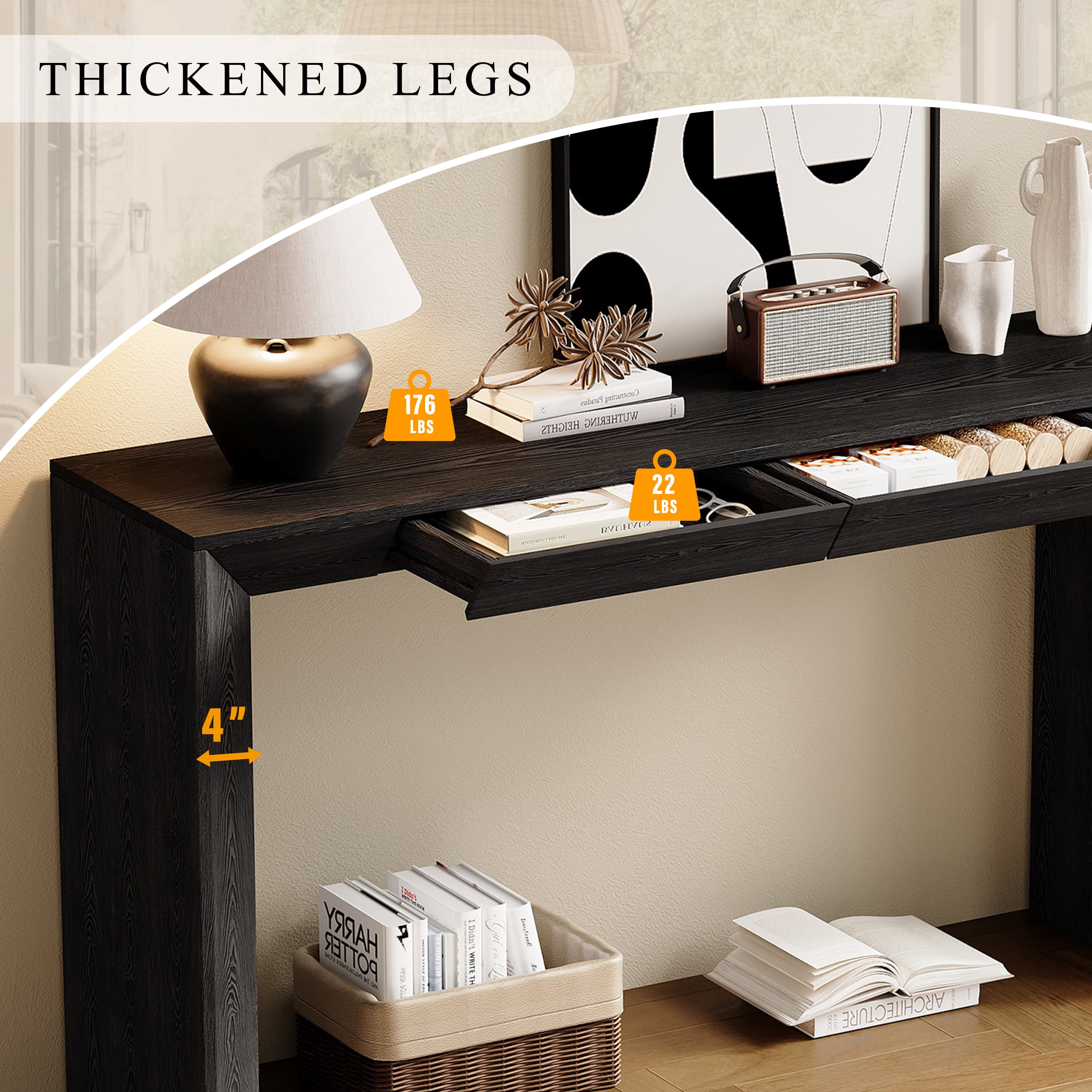 EUROCO 60" Modern Console Table with 2 Concealed Drawers, Entryway Table with Waterfall Design for Living Room, Entryway & Hallway,Black