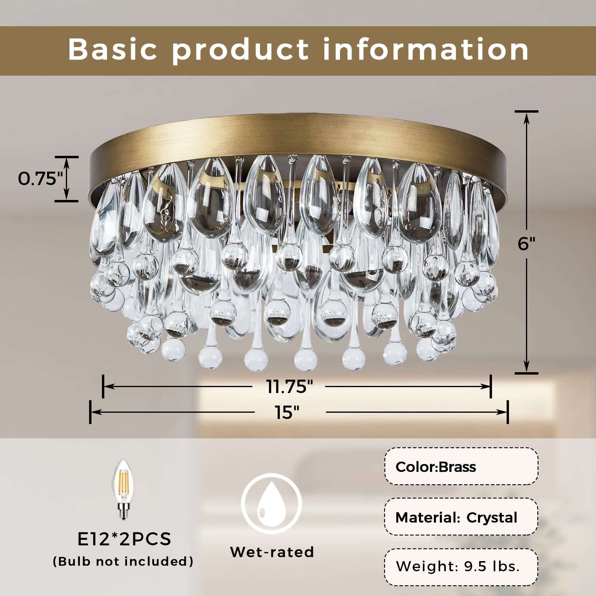 Mordern Antique Brass Semi Flush Mount, 15 Inch Crystal Droplets Flush Mount Light, Unique Elegant Metal Close to Ceiling Light for Lving Room, Dining Room, Bedroom