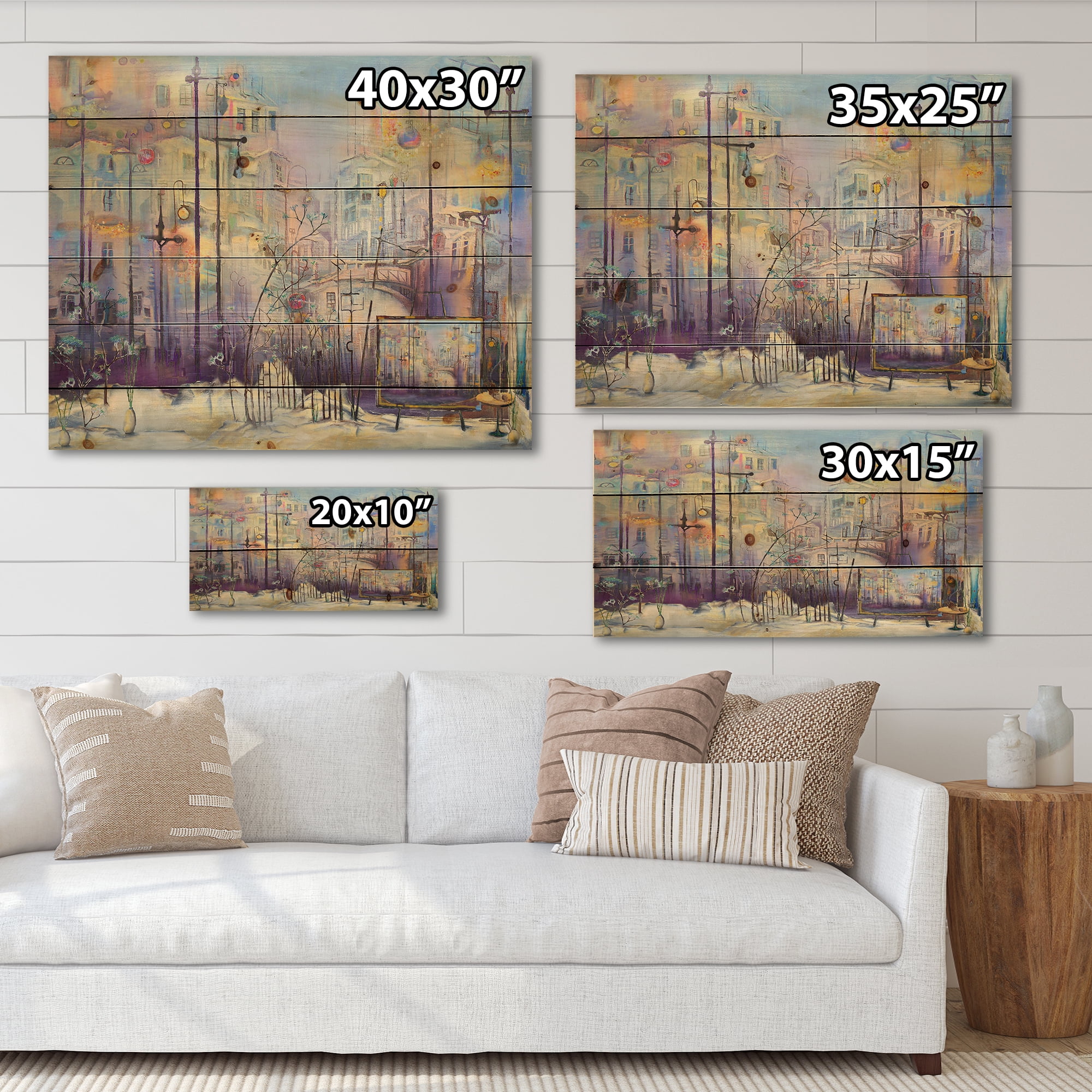Designart 'Abstract Cityscape With Pastel ' Modern Print on Natural Pine Wood