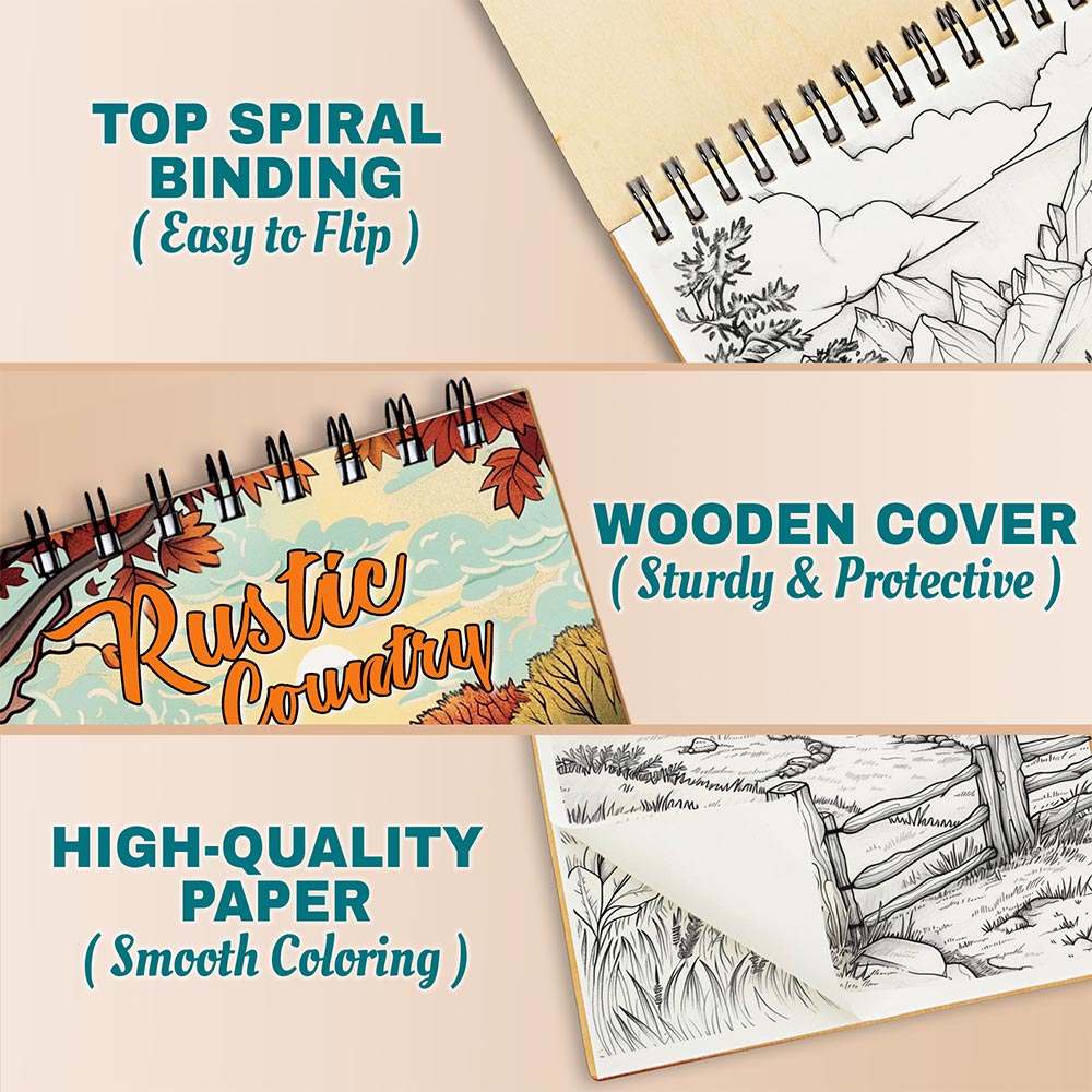 Netecom Rustic Country Coloring Book Spiral Bound for Adults, A5 Wooden Cover, 30 Charming Coloring Pages of Cozy Cottages for Stress Relief and Relaxation