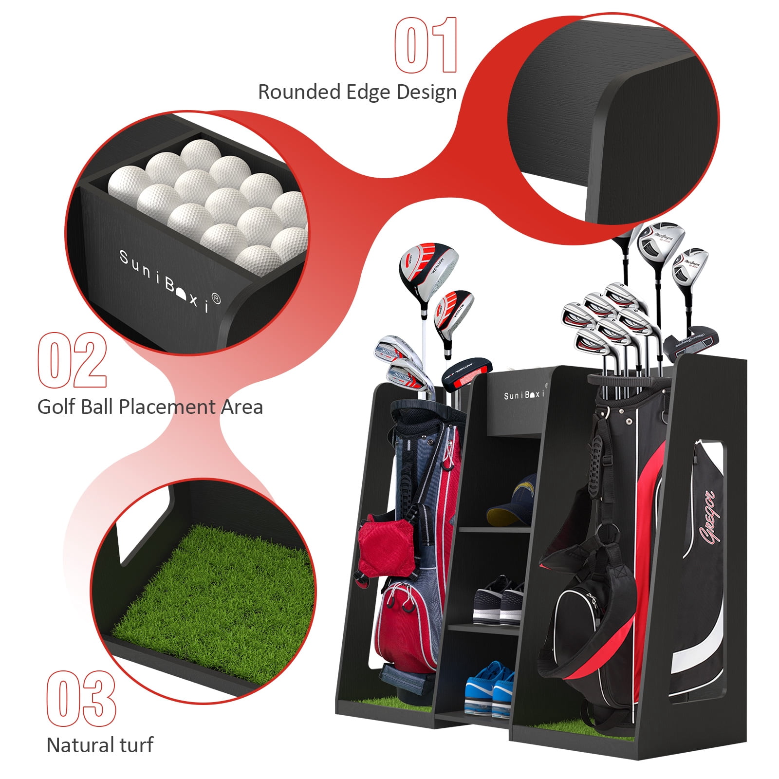 Golf Bag Organizer Storage Rack Stand Holder Fits 2 Extra Large Golf Club Bags and Multiple Golfing Equipment Accessories Great Gifts for Any Skill Level Golfer in Garage Shed Basement Indoor Outdoor