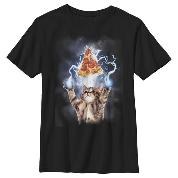 Boy's Lost Gods Cat Pizza Lightning Power Graphic Tee Black Large