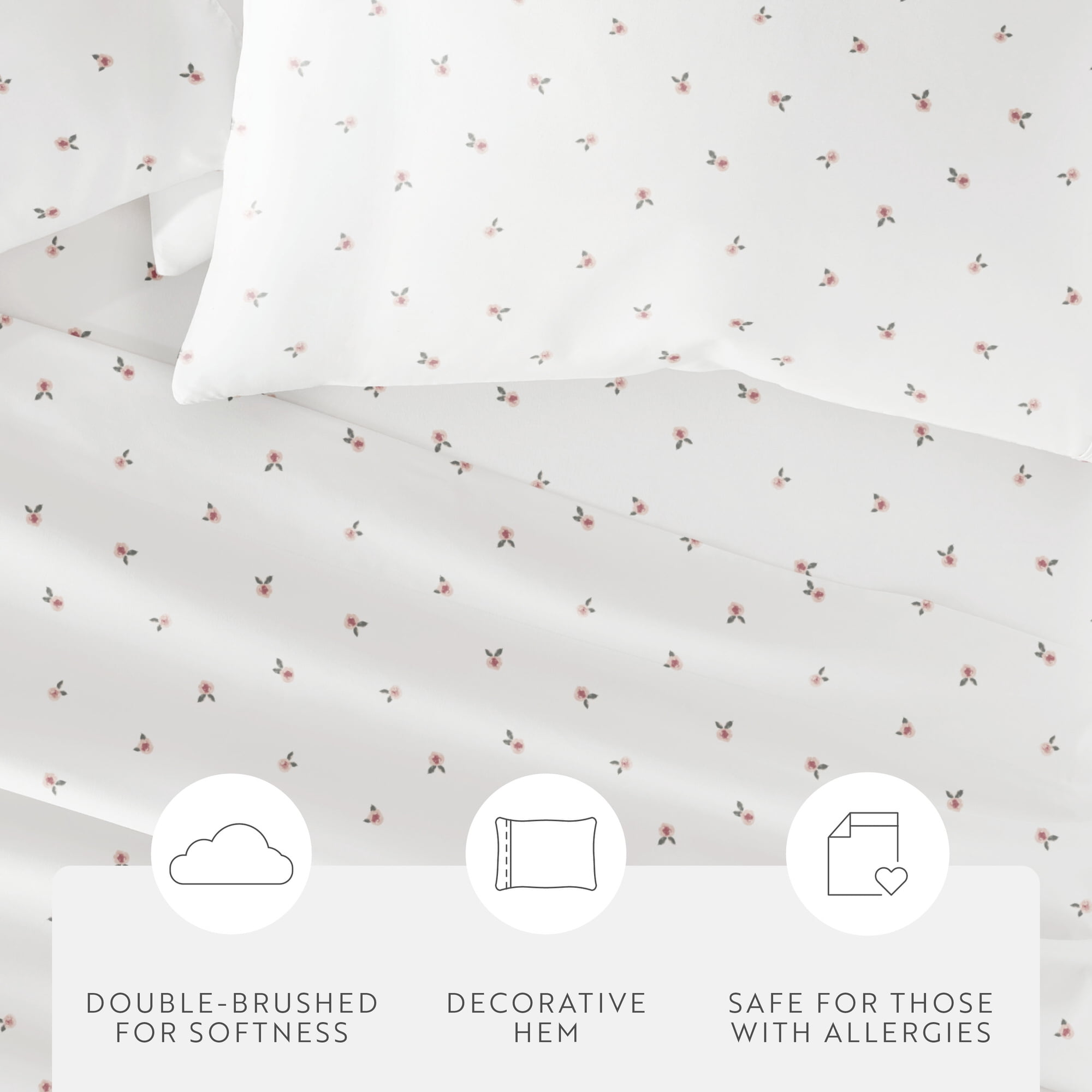 Noble Linens 4 Piece Ditsy Pattern Microfiber Bed Sheets, Pink Floral, King