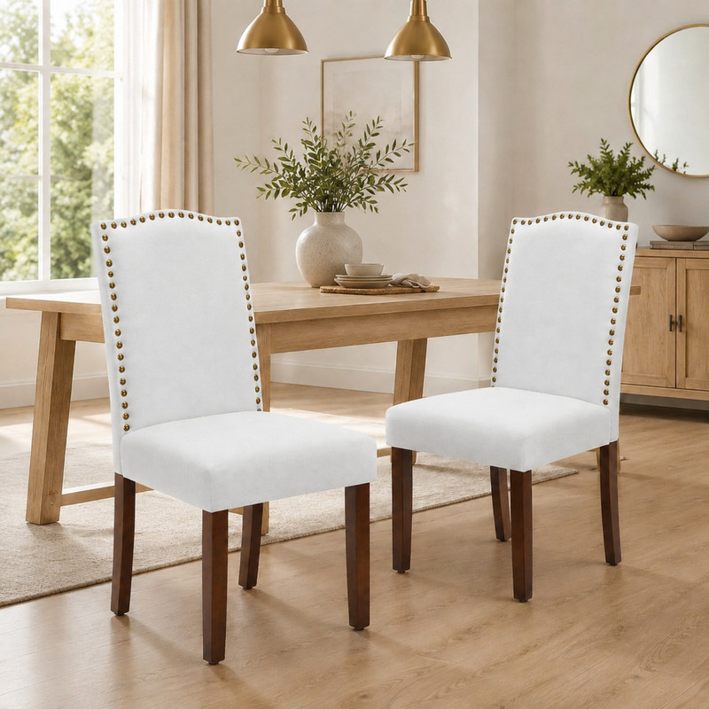 BEAUTYPEAK Dining Chairs Set of 2 Upholstered Parsons Chairs with Nailhead Trim Padded Linen Seats and Wood Legs, Gray