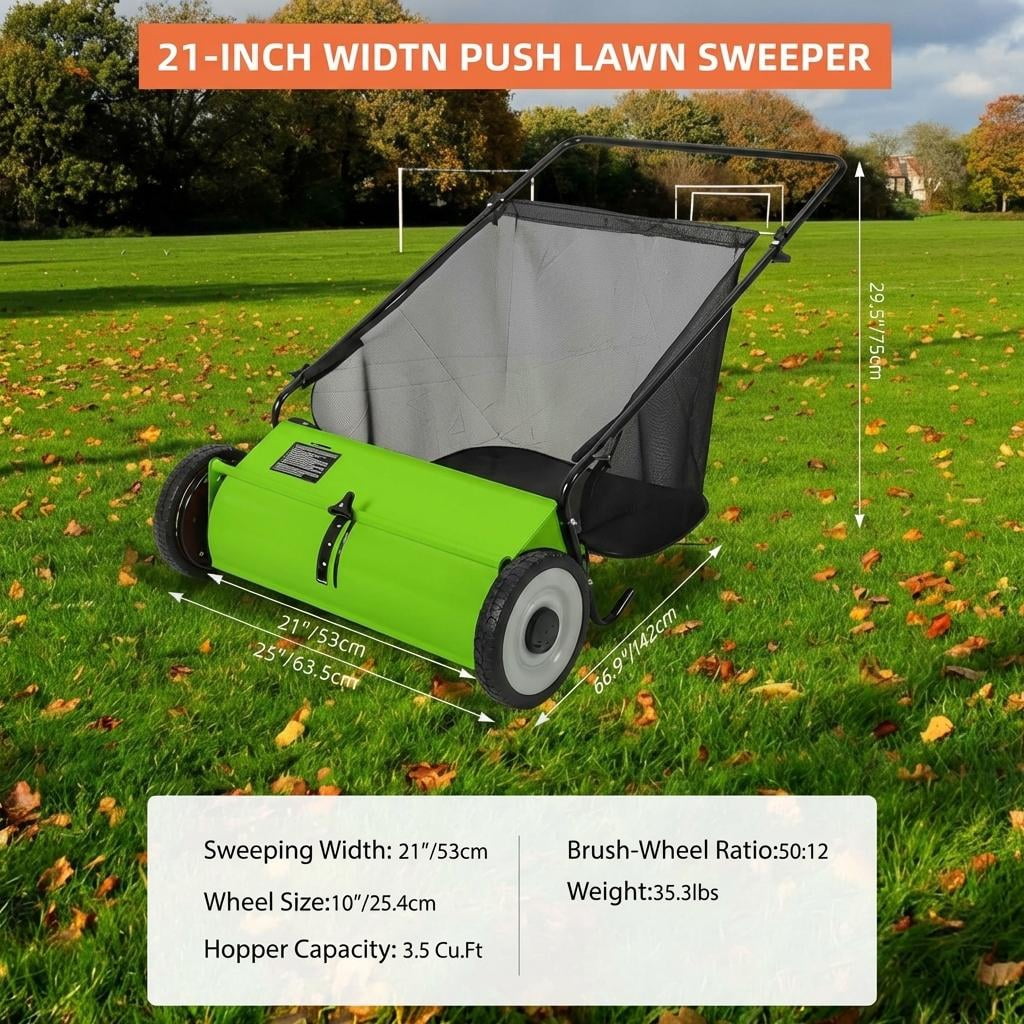 21 Inch Heavy Duty 4-Brush Push Lawn Sweeper, 3.5 Cu.Ft Large Collection Bag for Yard, Garden Cleanup