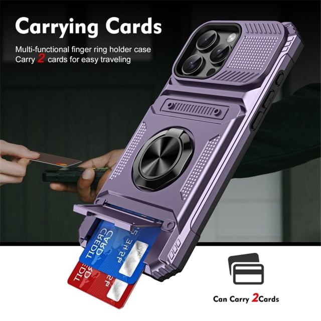 For Apple iPhone 16 Pro Phone Case with Finger Ring Holder Kickstand, Card Slots,Heavy Duty Shockproof Rugged Protective Working with Magnetic Car Phone Mount,Purple,For iPhone 16 Pro