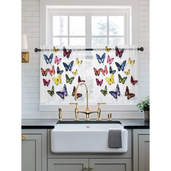 Butterfly Print Sheer Kitchen Tier Curtains 24 Inch length, Rod Pocket Half Curtains Short Drapes, Modern Colorful Light Filtering Chiffon Small Window Treatments 2 Panels 27.5"W x 24"L
