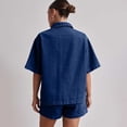 thumbnail image 4 of Women's Vintage Denim Shirt, Short Sleeve Button Down Shirt with Chest Pockets, Relaxed Fit Casual Jean Top, Summer Denim Shacket and Oversized Jean Shirt-Dark Blue, 4 of 7