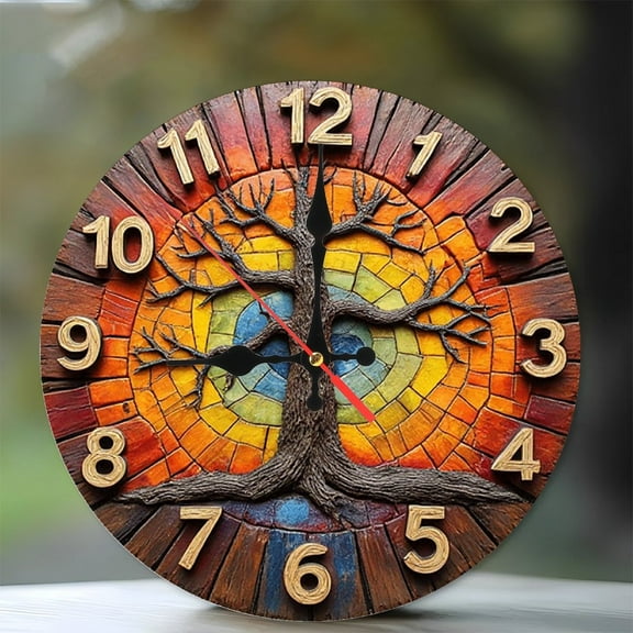 Mosaic Tree of Life Wall Clock 10-Inch Silent Wooden Wall Clock, Battery Operated (AA Batteries Not Included), Artistic Home Decor