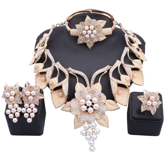 Women's Crystal Dubai Gold Color Imitation Pearl Necklace Earrings Bangle Ring Party Wedding Accessories Jewelry Set