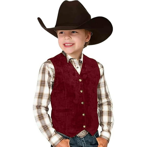 Boys Waistcoat jacket vest Tops Boys Cowboy Vest Suede Retro Style V Neck Button Down Casual Western Vest Waist Coat For party dressy Wine 11-12 Years