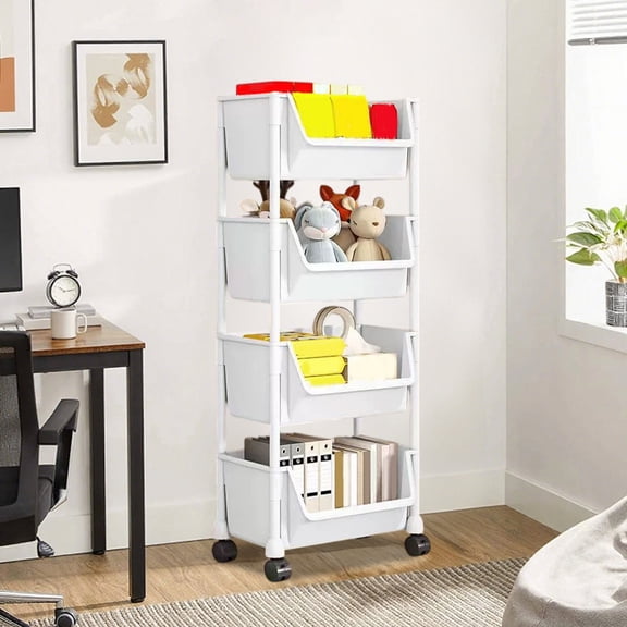 Mobile Storage Cart, Under Desk Organizer, Multi Tier Rolling Bookcase with Wheels for Dorm Room Kitchen Bathroom, White Pink Gray, ABS Plastic Floor Standing Multifunctional Small Shelves Unit
