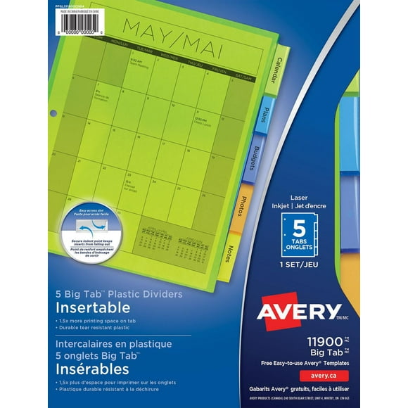 Avery Big Tab Insertable Plastic Dividers, 9¼" x 11⅛", 5 Tabs, 1 Set - 11900