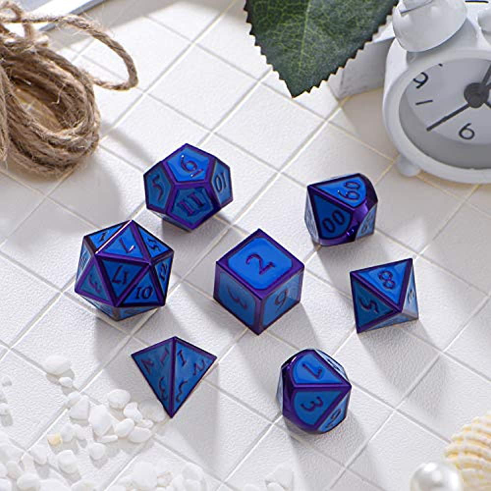 HESTYA 7 Pieces Metal Dices Set DND Game Polyhedral Solid Metal D&D Dice Set with Storage Bag and Zinc Alloy with Enamel for Role Playing Game Dungeons and Dragons Silver Blue-Purple Math Teaching 