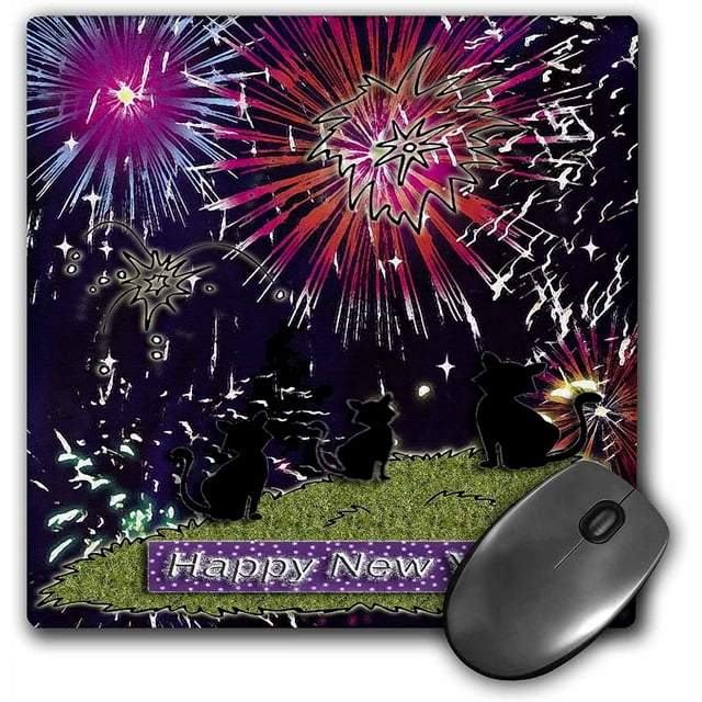 3dRose Tapis de Souris LLC 8 x 8 x 0,25 Pouces, Trois Chats Noirs Regardant des Feux d'Artifice Rouges (mp_18878_1)