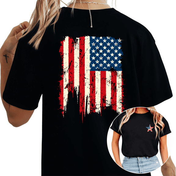 Cozymy Women's 4th Of July Patriotic USA Flag Star Grunge Graphic Short Sleeve T-Shirt Casual Everyday