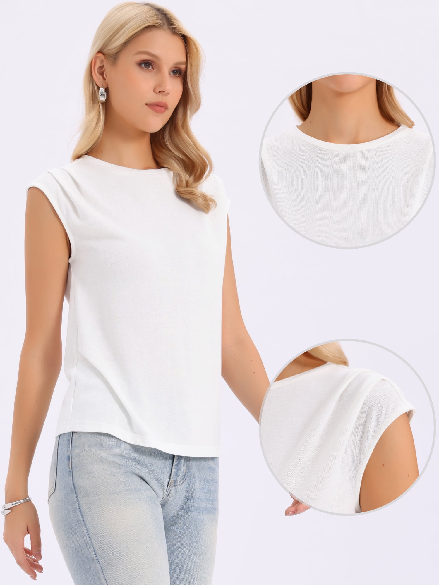 DARING DIVA Women's Cap Sleeve Tops Crew Neck Shirts Pleated Knit Basic Tee XS White