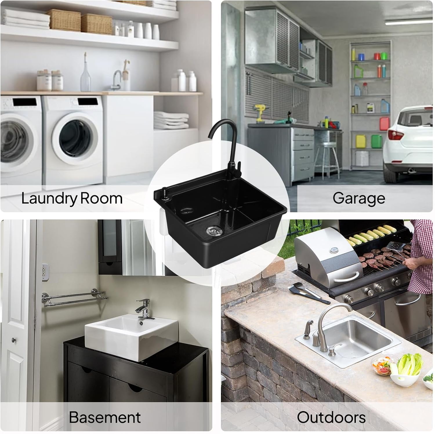 ROVSUN Plastic Wall-Mounted Utility Sink, Wall-Mounted Utility Tub with Wall Bracket, Hot&Cold Faucet, Drain Plug, Perfect for Basement, Laundry Room, Garage or Shop and More, Black