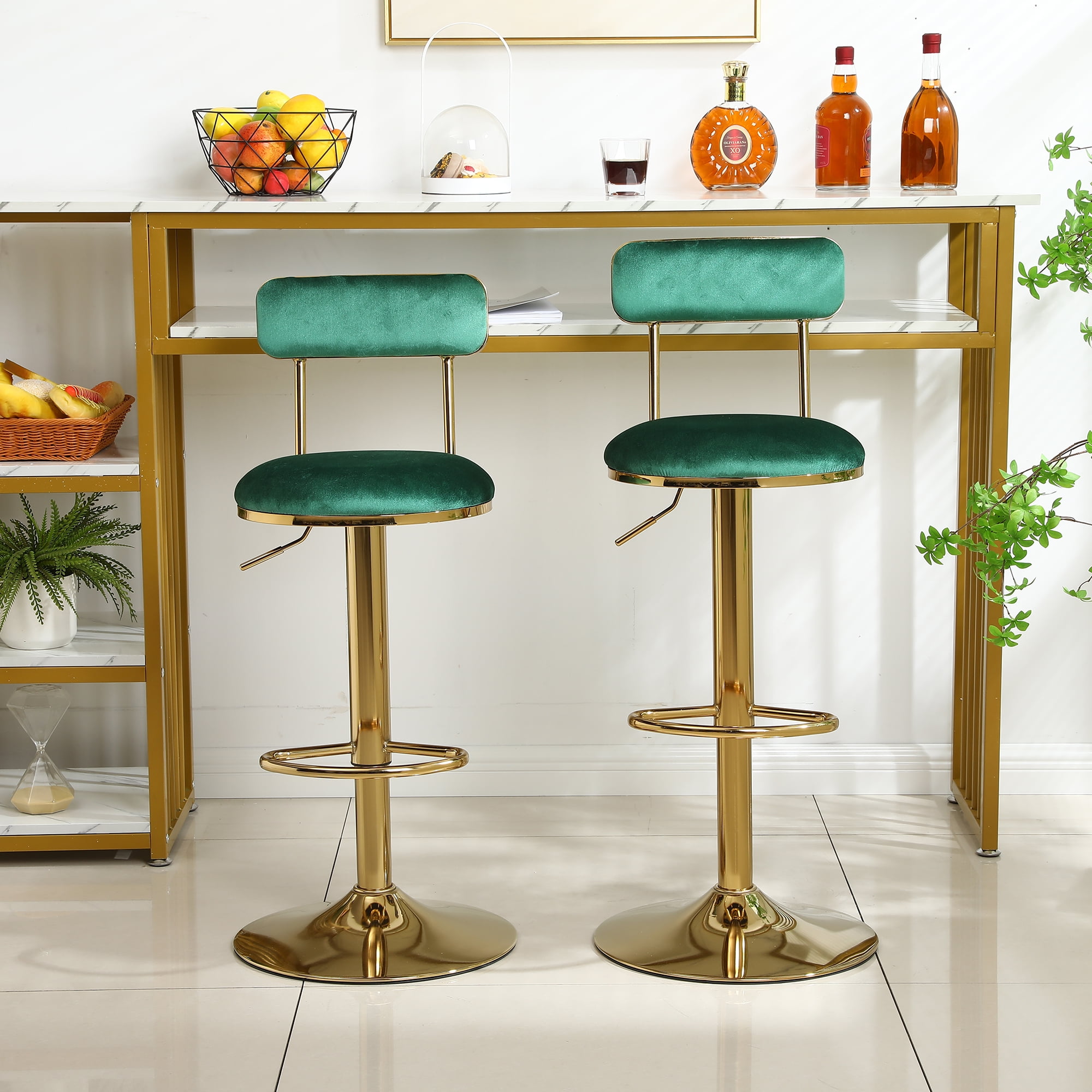 Resenkos Vintage Velvet Bar Stools set of 2 Dining Chairs Footrest, Counter height Barstools for Kitchen Counter, Green Resenkos Vintage Velvet Bar Stools set of 2 Dining Chairs Footrest, Counter height Barstools for Kitchen Counter, Green