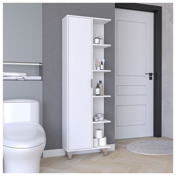 Bathroom Cabinet, 63" High Linen Tower, 4 Open Shelves, White Storage Organizer White   Bathroom   Modern   MDF   Engineered Wood   Manual