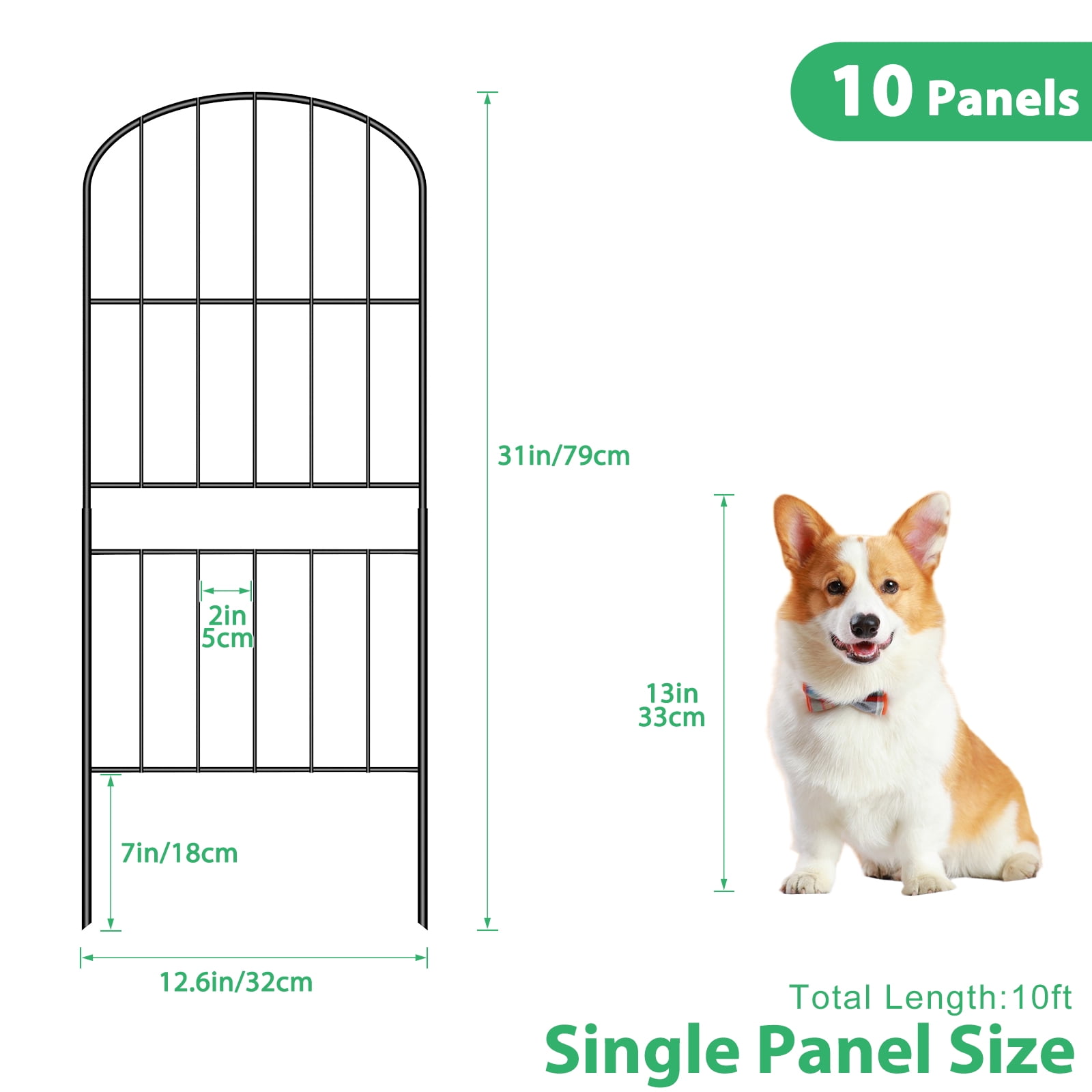 31" Tall Decorative Garden Fence 10‑Pack, Double‑Layer Black Metal Arched Fencing, 10FT Total Length for Pet Barrier, Patio, Lawn Edging