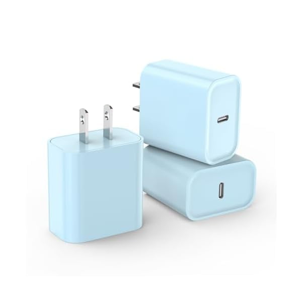 LinQingQ 3Pack iPhone 16/15 Charge Block,USB C Charger, Sky Blue Charger Adapter,Quick Fast Charger PD Adapter Plug 20W Power Delivery Type C Fast Charging Block for iPhone 16/15/14/13/12,iPad Pro/Min