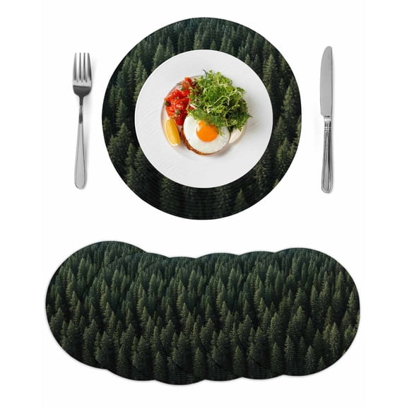 Dark Green Forest Round Placemats Set of 6 for Dinning Tables,Heat-proof Braided Table Mats 13 Inch,Pine Trees Modern Mysterious Art Washable Place Mat for Kitchen Restaurant Party Table Decor