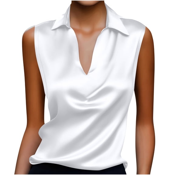 CLOISE Blouse for Women Sleeveless Shirt Collar Solid Tops Slim Satin Lightweight Elegant Work Clothes