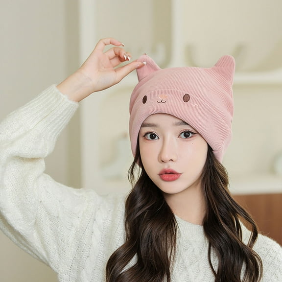 Njoeus Ribbed Knit Beanie Hat for Women Girls Cute Cats Ears Hat Winter Warm Slouchy Cuffed Skull Cap for Women