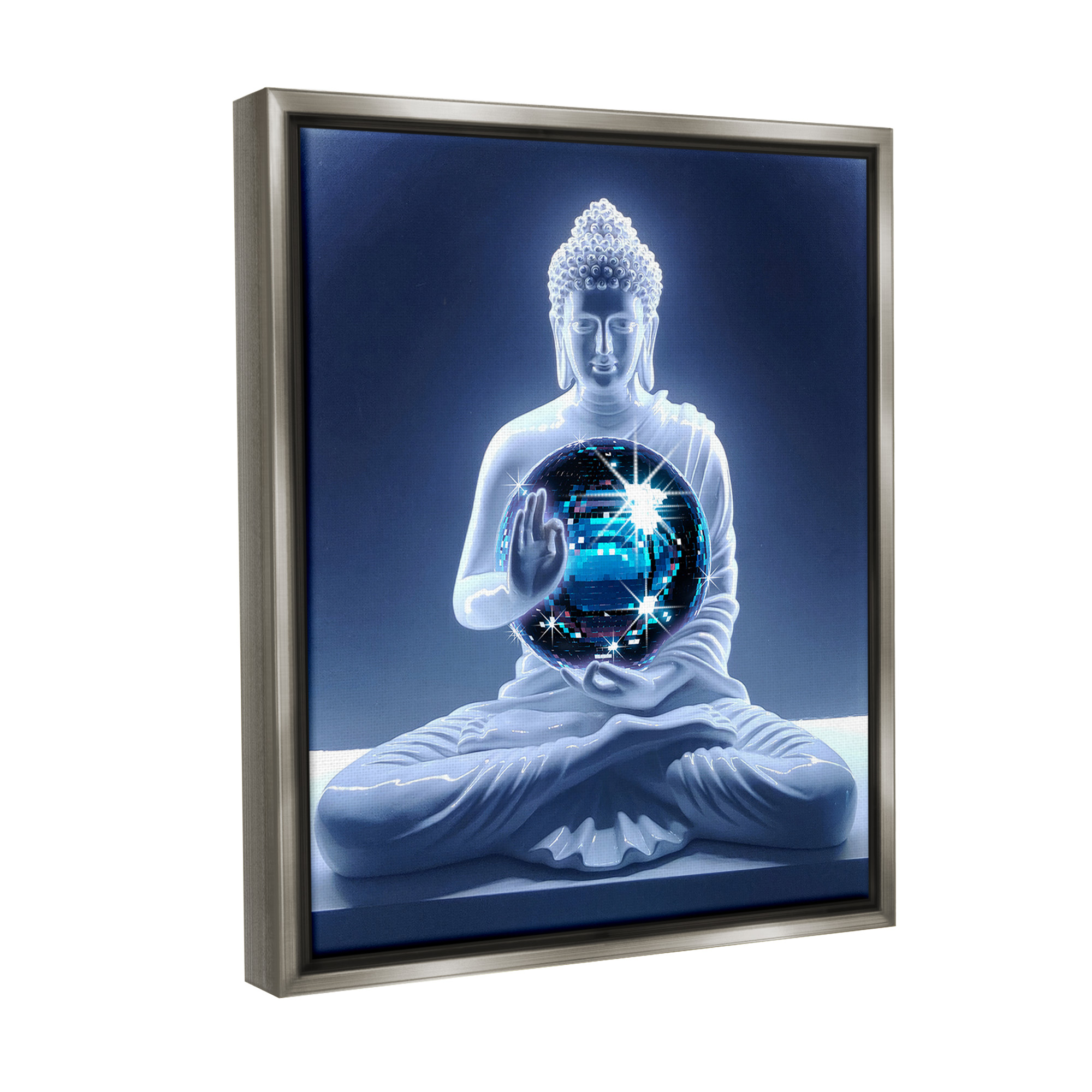 Stupell Industries Buddha with Disco Ball Novelty Painting Gray Floater Framed Canvas Art Print Wall Art, 17 x 21